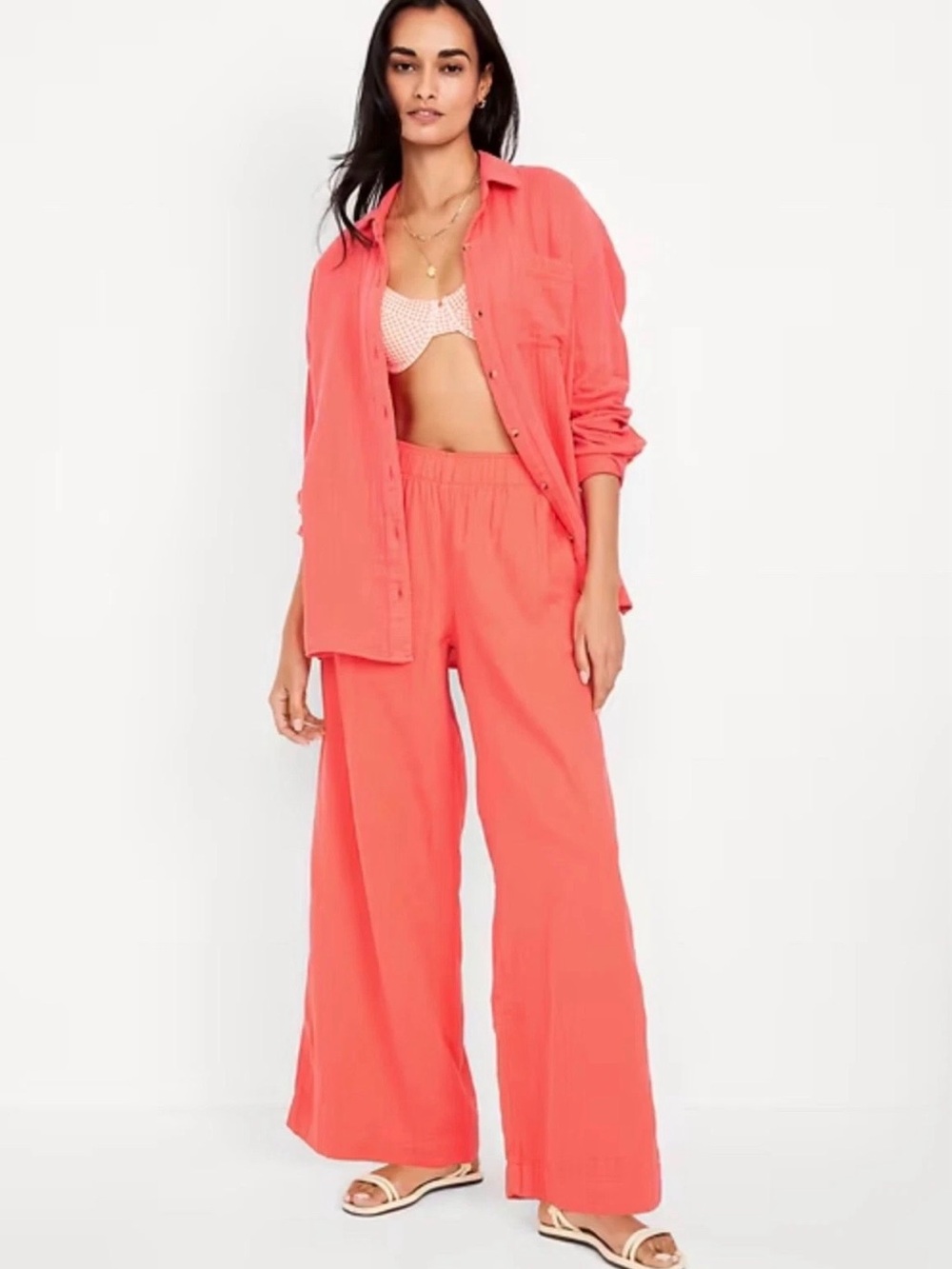 Old Navy Coral Wide-Leg Pull-On Pants with casual matching shirtdress.